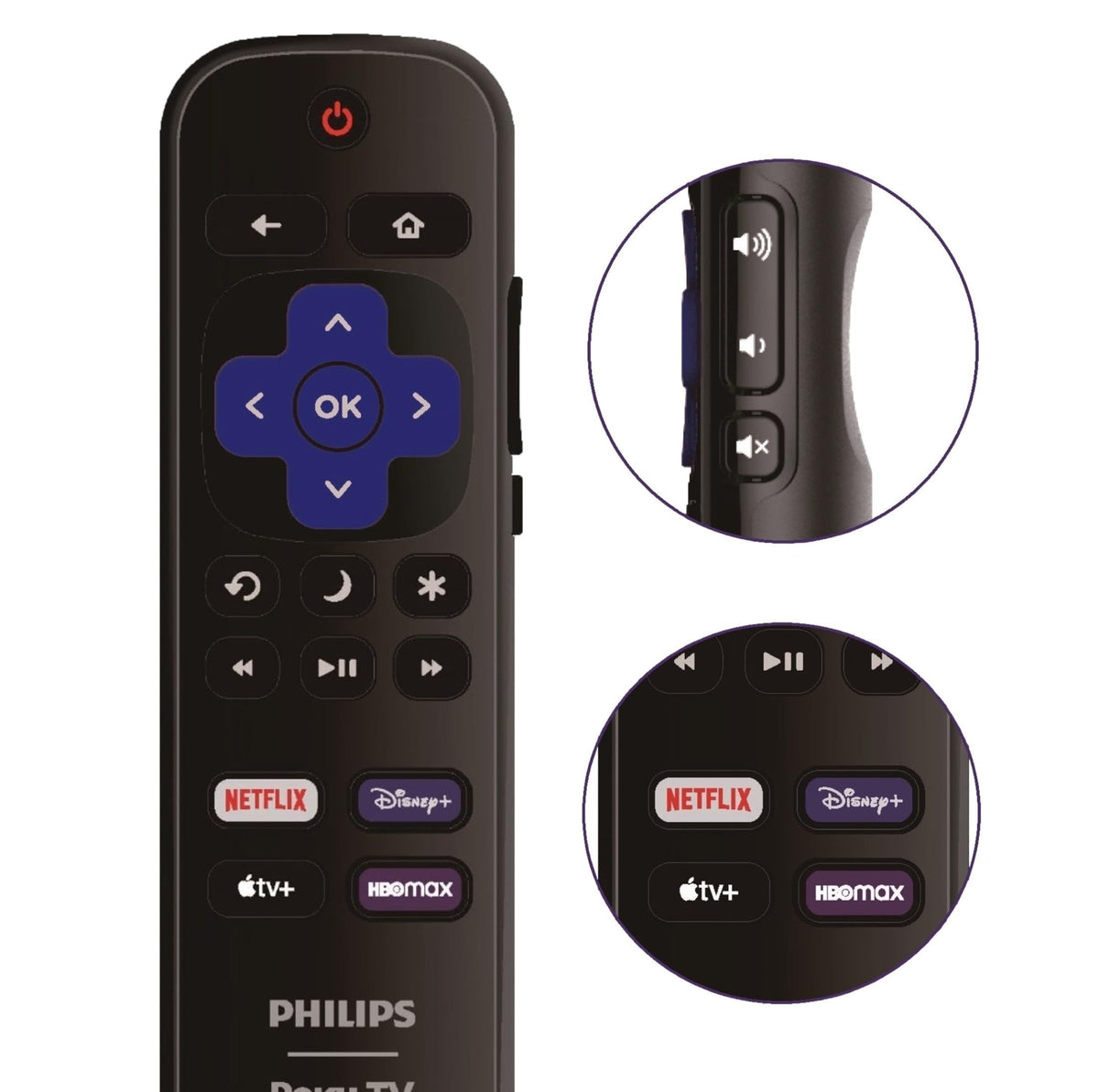 ULTRA PARTS Philips Roku remote held in hand for comfortable, responsive operation.