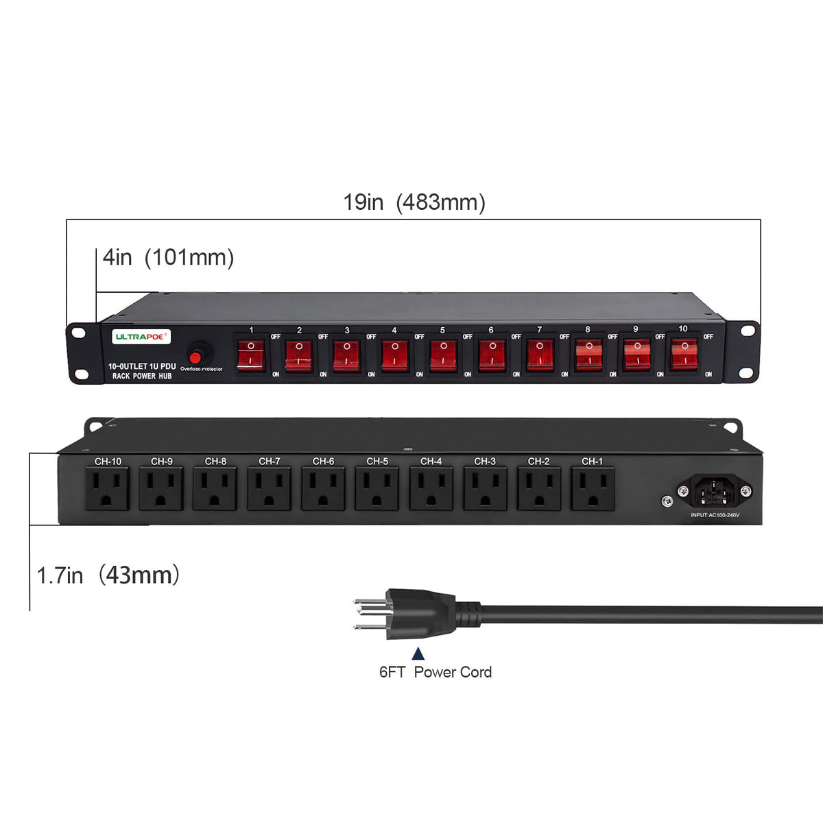 UltraPoE 6ft power cord extending reach across a rack or desk