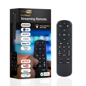 UltraPro OneTouch remote front view with backlit keypad for night-time TV control