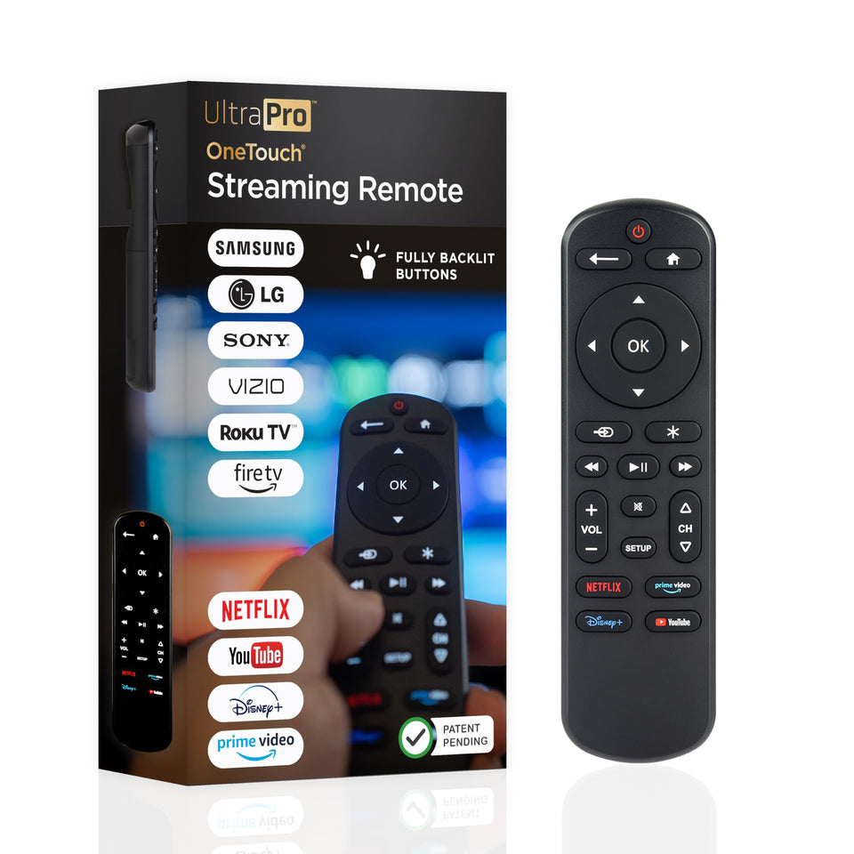 UltraPro OneTouch remote front view with backlit keypad for night-time TV control