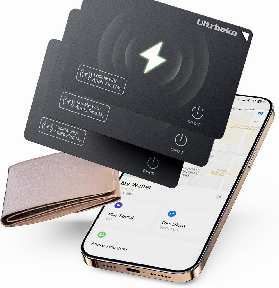 Ultrbeka front view of tracker card showing slim profile and easy placement benefit
