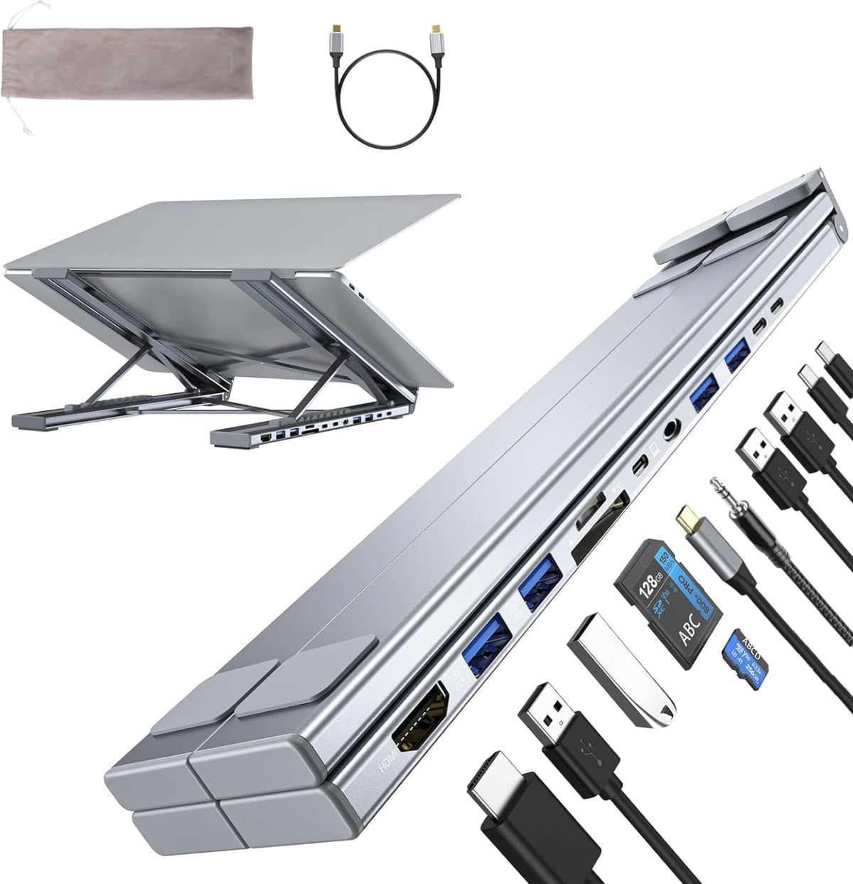 Umaniy M92 docking station stand displaying 4K HDMI output and multiple USB ports for laptops