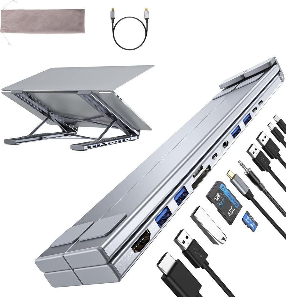 Umaniy M92 docking station stand displaying 4K HDMI output and multiple USB ports for laptops