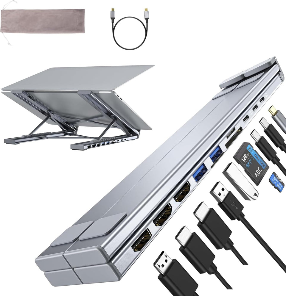 Umaniy M94 docking stand with triple 4K displays for enhanced productivity.