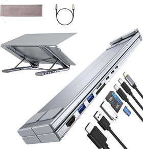 Umaniy front view of laptop dock stand showing sleek frame and ports for tidy desk