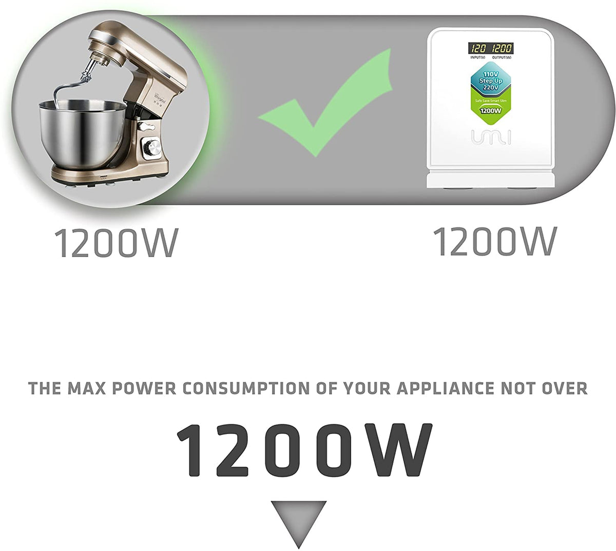 UMI 1200W step up converter top view highlights controls for easy setup.