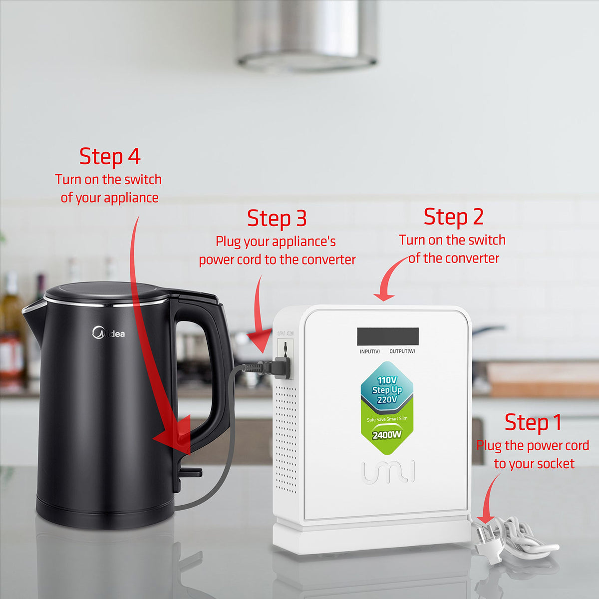UMI 2400W converter in kitchen use powering a coffee maker at 220V.