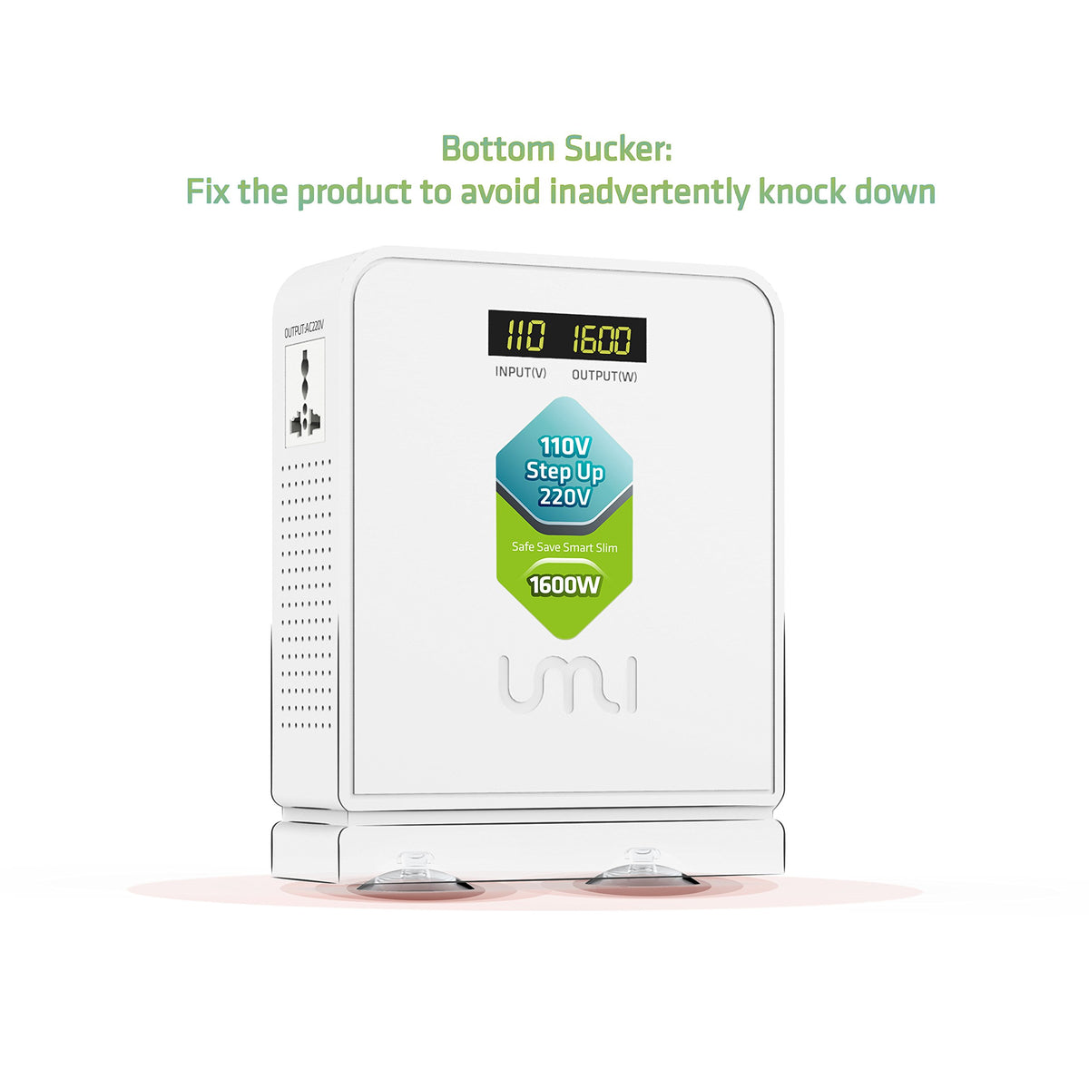 UMI safety-certified voltage converter with surge and thermal protections.