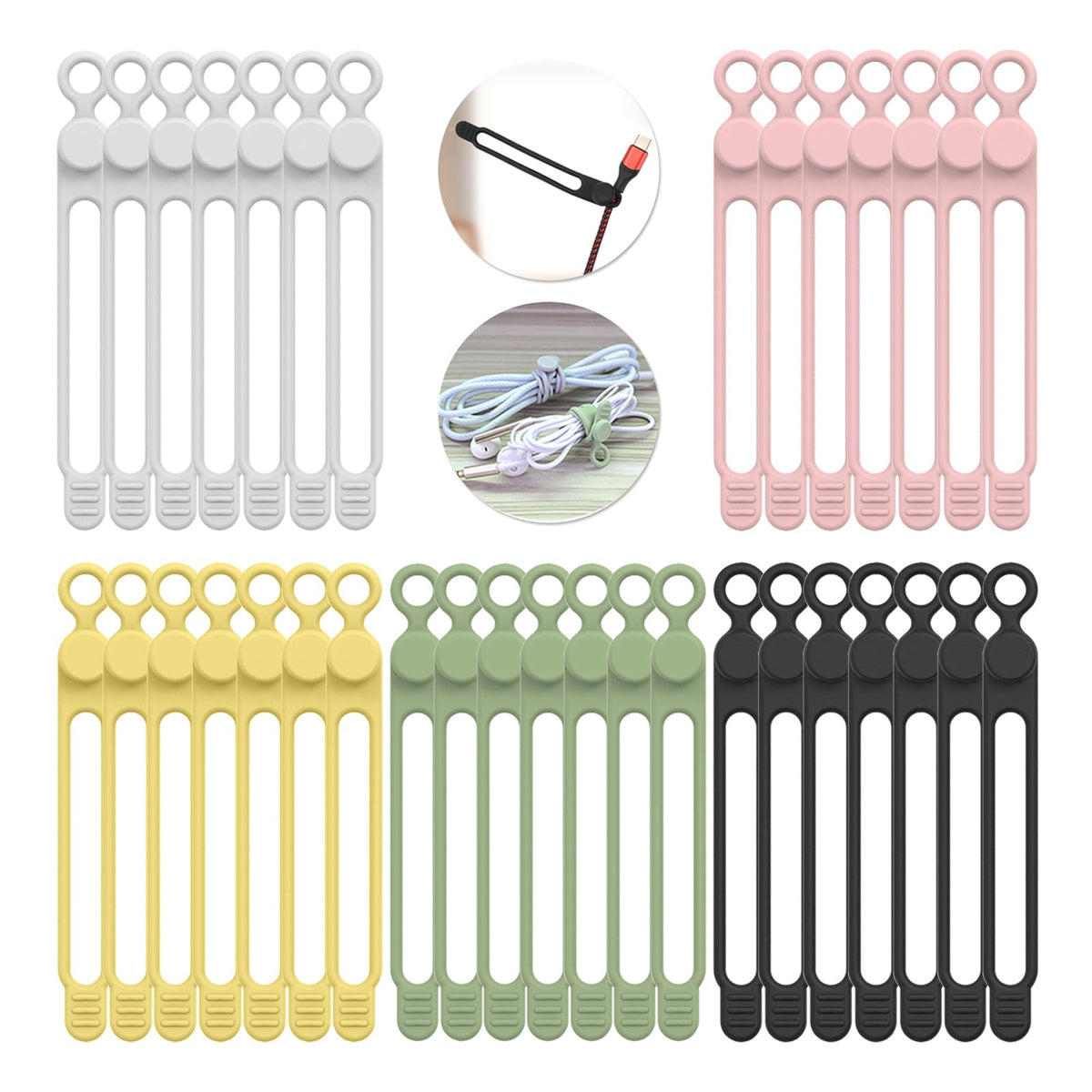 UMUST silicone cable ties 35-pack for tidy cords and easy storage.