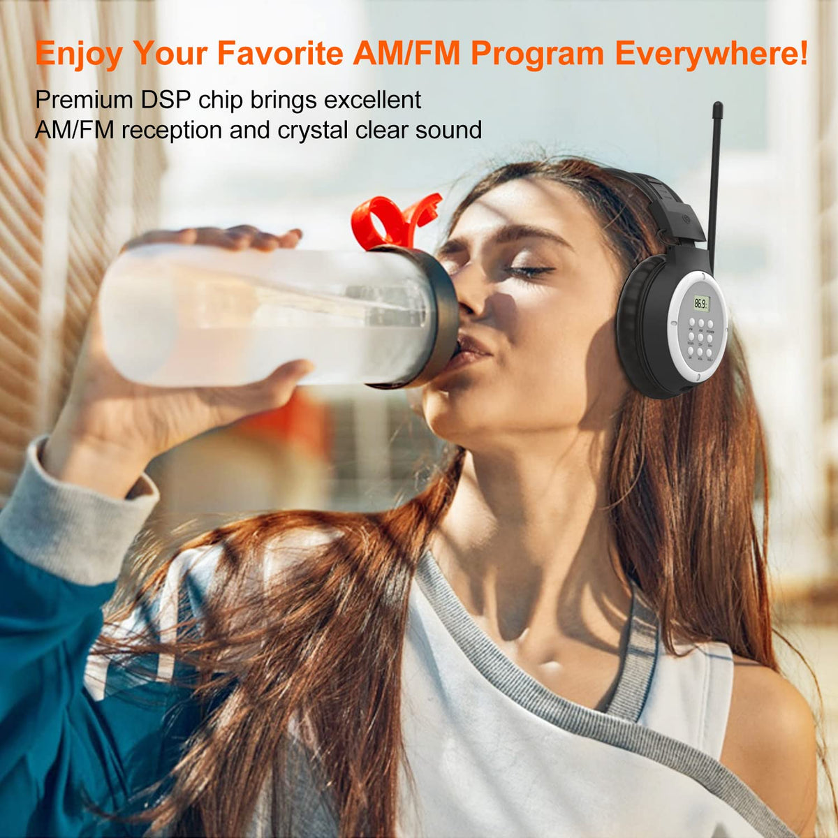 UMUTOO AM FM radio headphones DSP display showing tuning