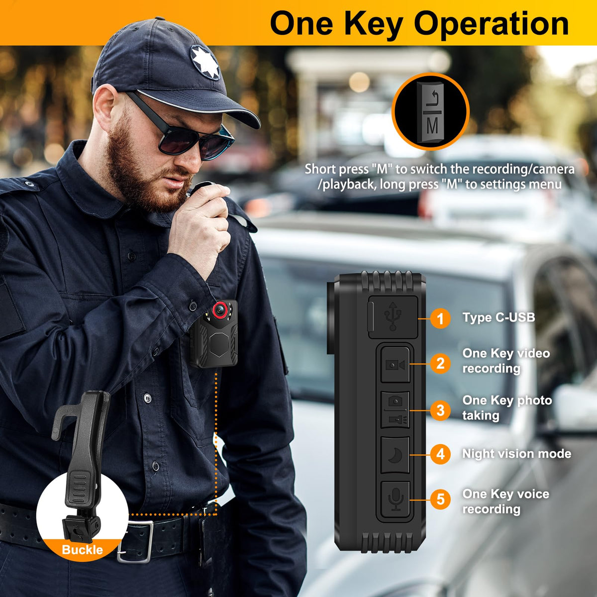Unalace body camera provides easy one-touch controls for recording and photos.