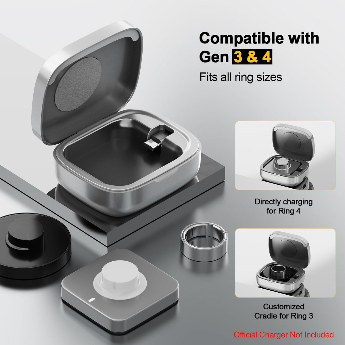 UNAQO 1000mAh backup battery case powering Oura ring, side view.