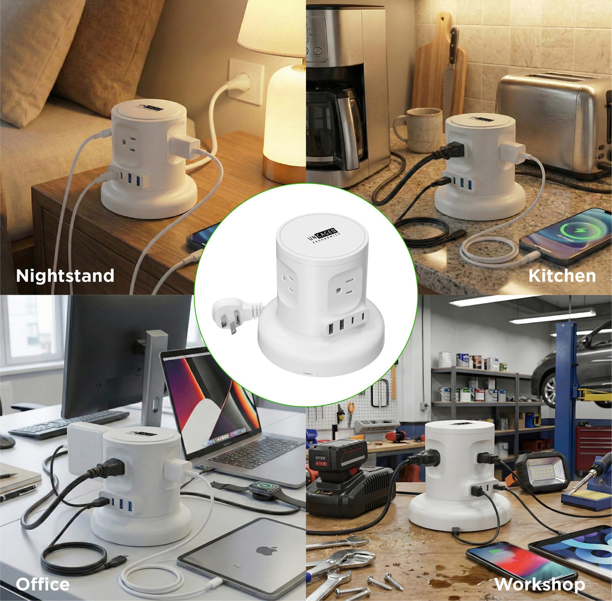 Uncaged Ergonomics retractable cord fully retracted in base for clutter-free surfaces