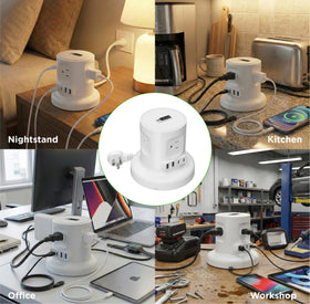 Uncaged Ergonomics retractable cord fully retracted in base for clutter-free surfaces
