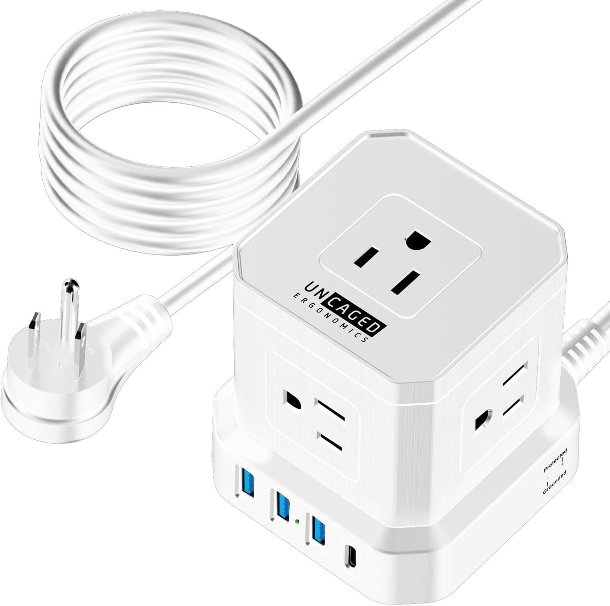Uncaged Ergonomics Cube Power Strip with 10ft extension keeping desk organized