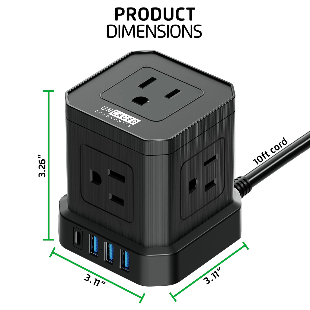 Uncaged Ergonomics Cube Power Strip offers five outlets at desktop reach