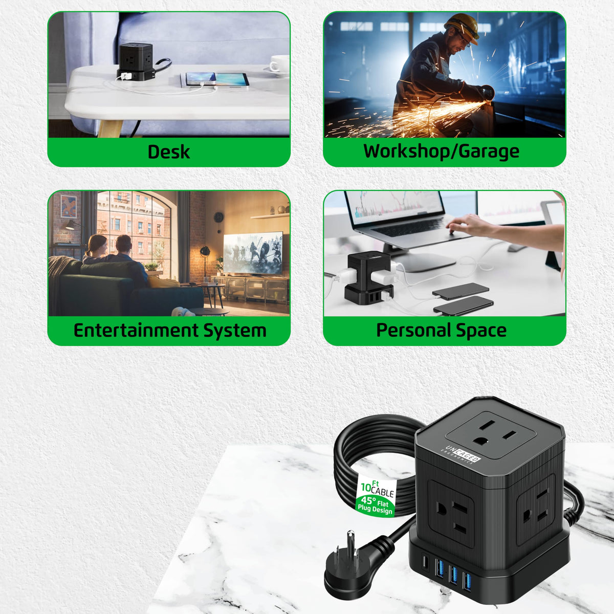 Uncaged Ergonomics Cube Power Strip 10 ft reach ideal for desks