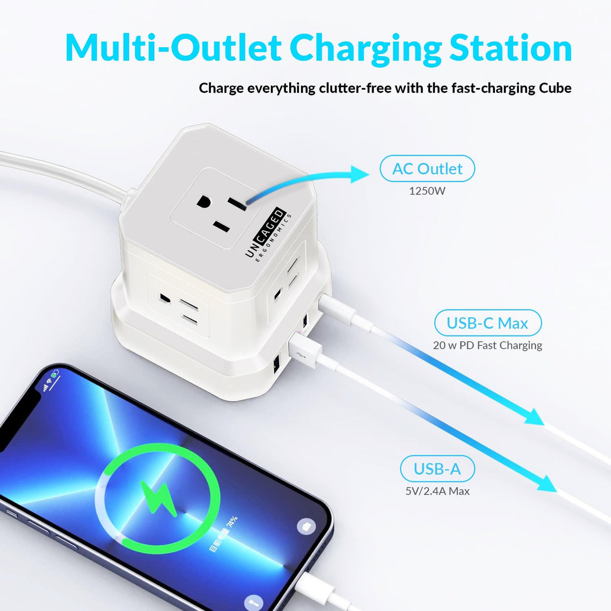 Uncaged Ergonomics Cube Power Strip compact, ergonomic design for desks
