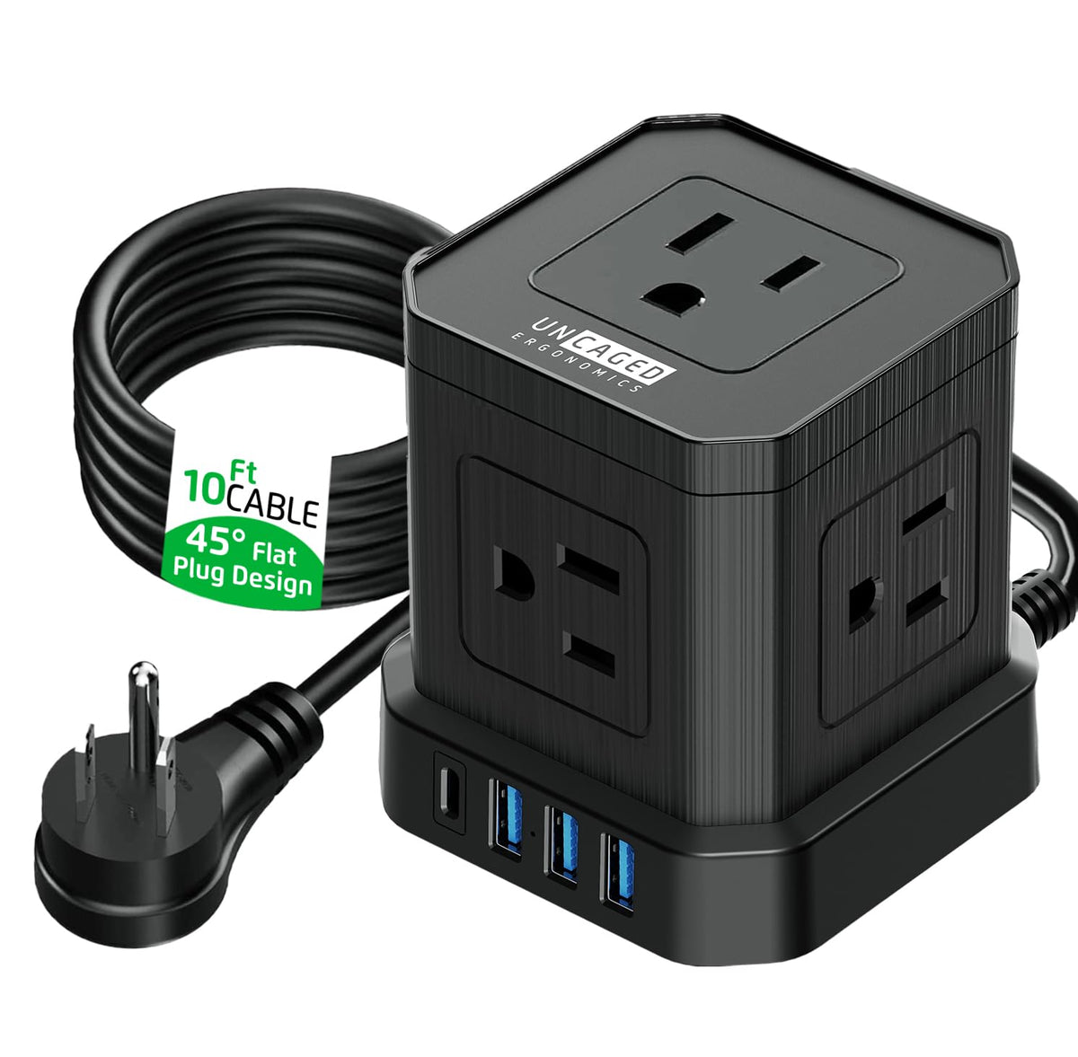 Uncaged Ergonomics Cube Power Strip with flat cord keeps desks tidy