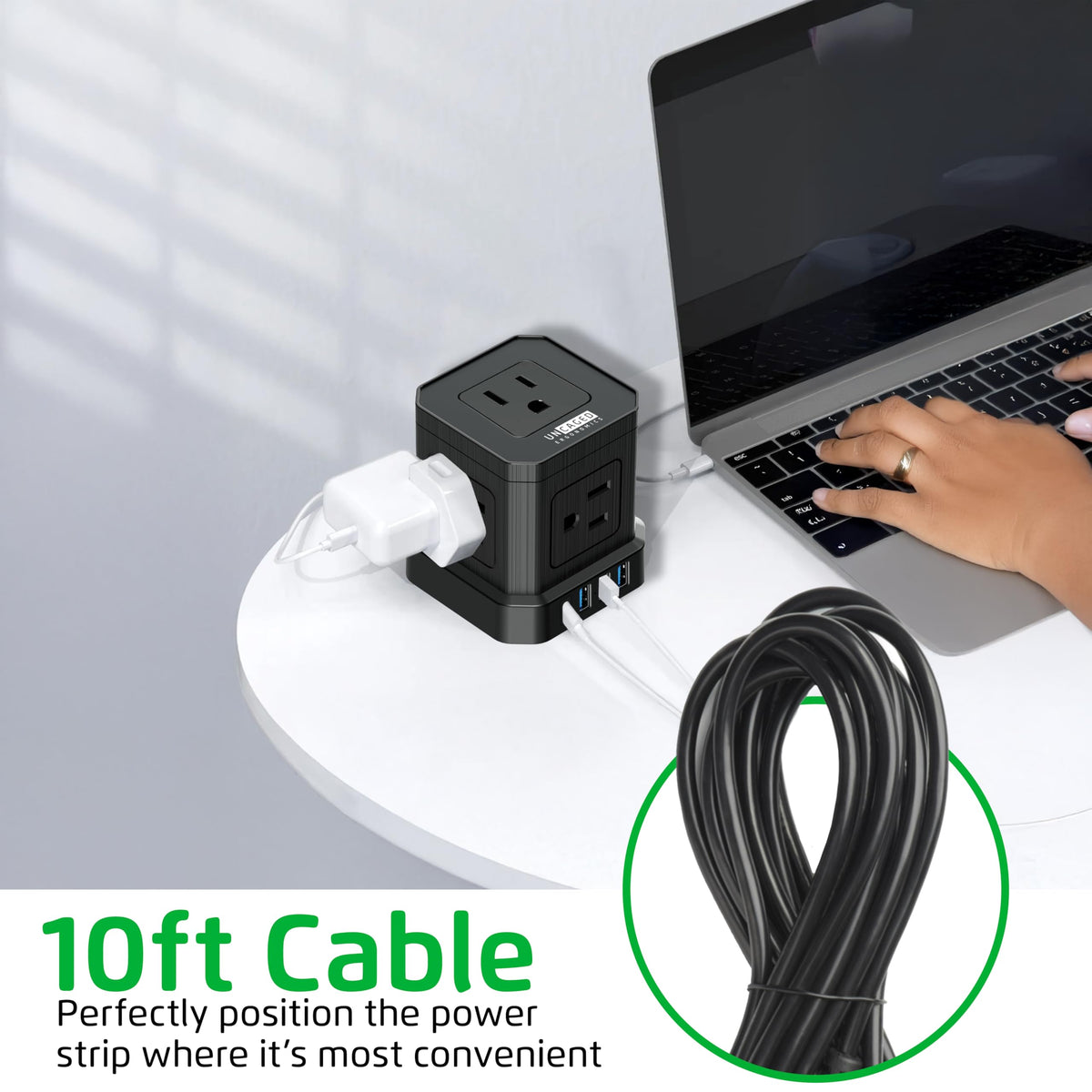 Uncaged Ergonomics Cube Power Strip non-blocking outlets fit large plugs