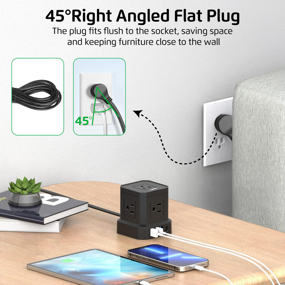 Uncaged Ergonomics Cube Power Strip non-slip feet prevent sliding