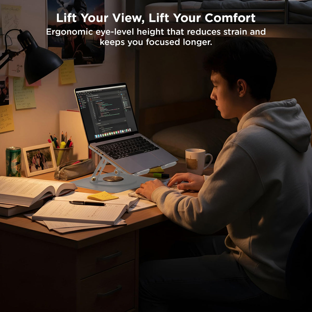 Uncaged Ergonomics Portable desk stand collapses for a tidy home workspace.