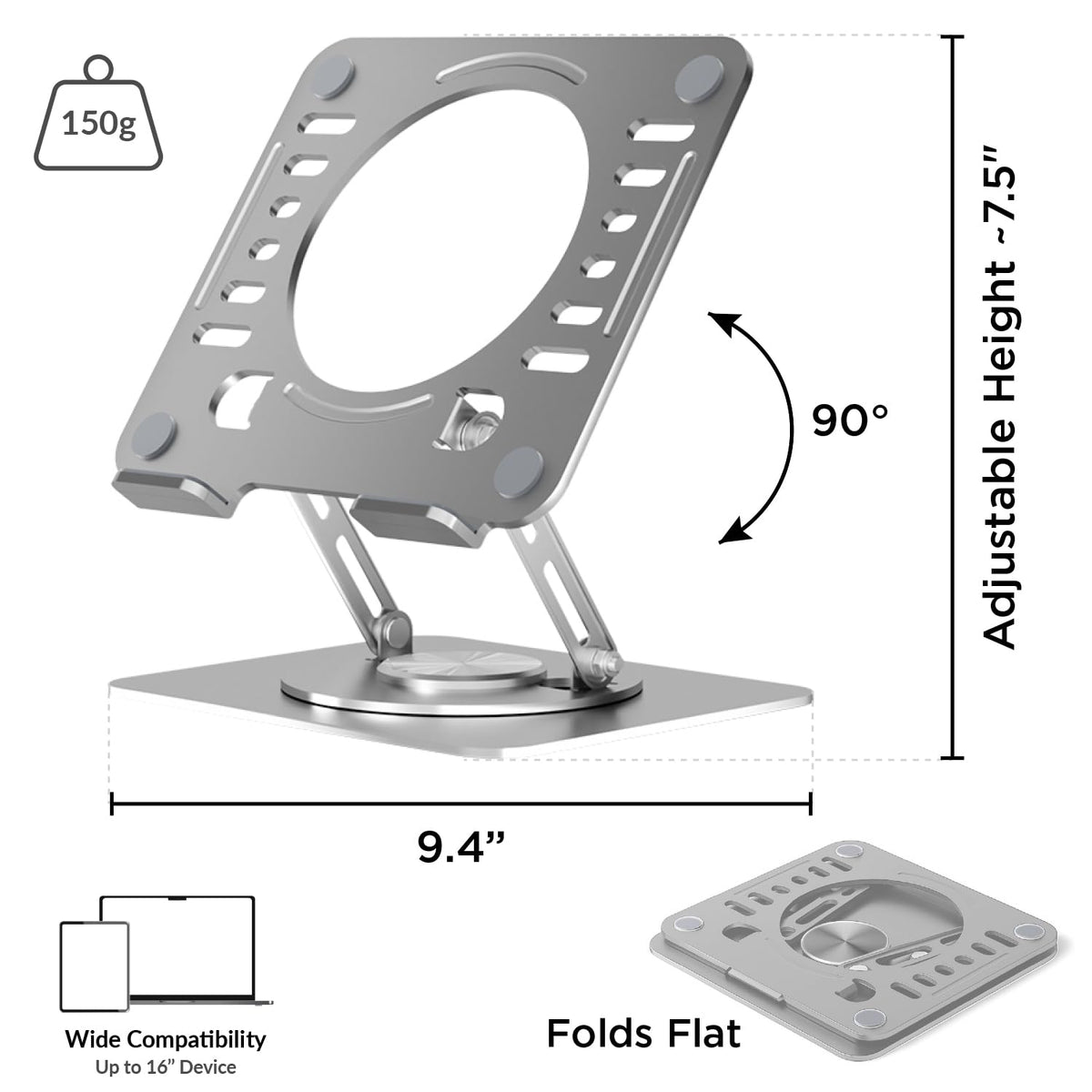 Uncaged Ergonomics Swivel Laptop Stand raises the display to eye level for comfortable viewing.