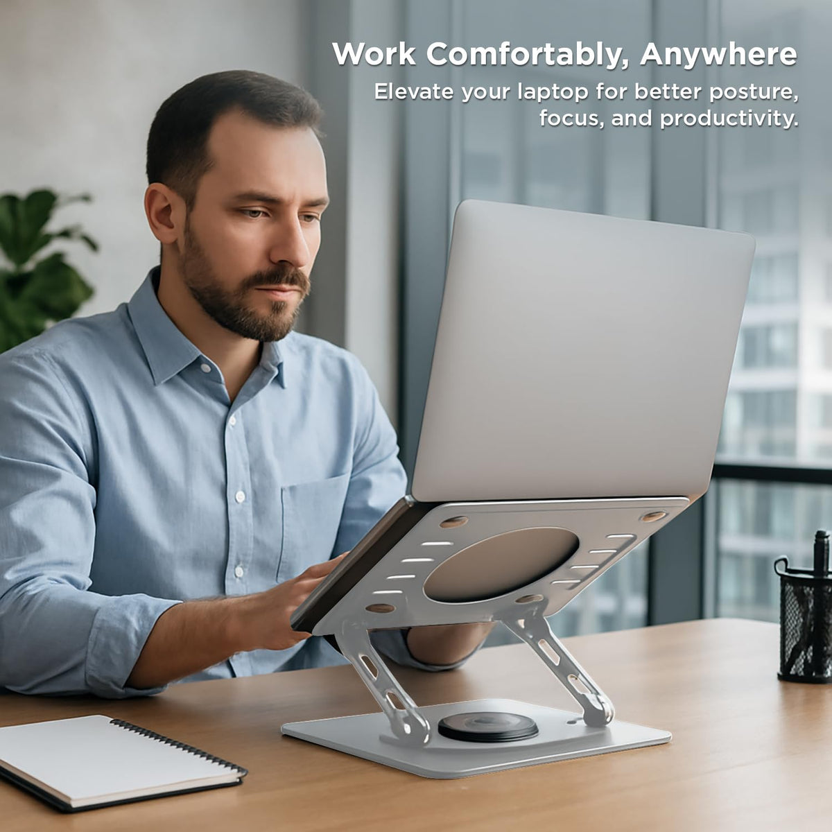 Uncaged Ergonomics 360° rotating stand supports collaborative reviews and presentations.