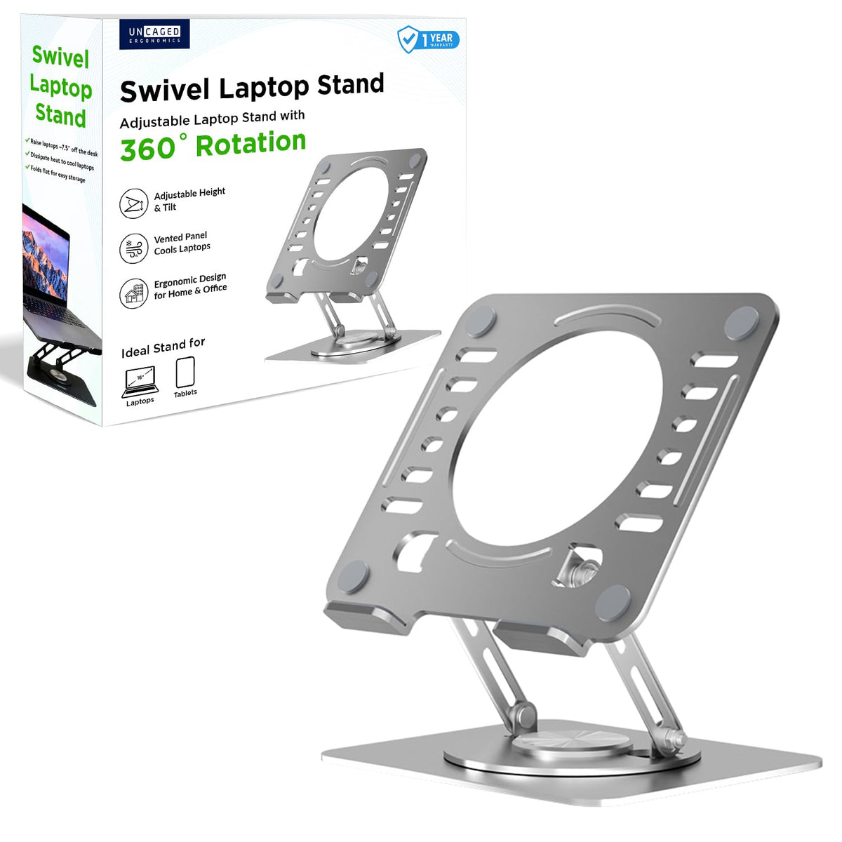 Uncaged Ergonomics Swivel Laptop Stand enables seamless 360° rotation for sharing a screen.