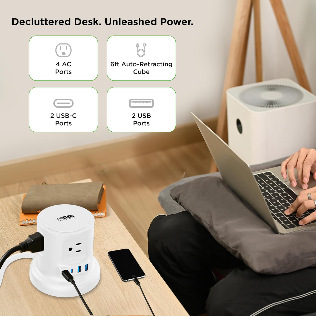 Uncaged Ergonomics top view revealing four AC outlets for powering larger devices
