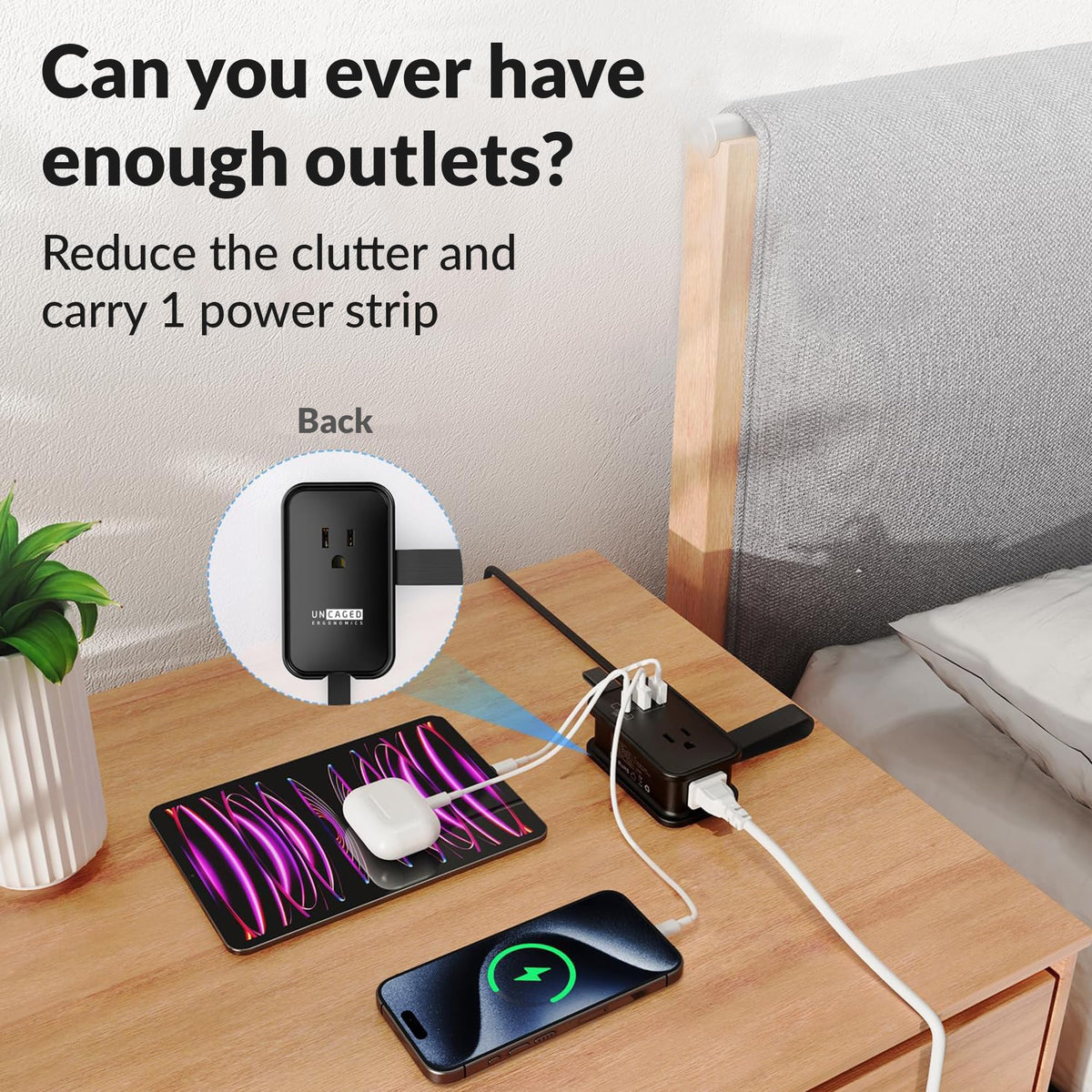 Uncaged Ergonomics Travel Charger 3ft cord keeps outlets accessible and organized.