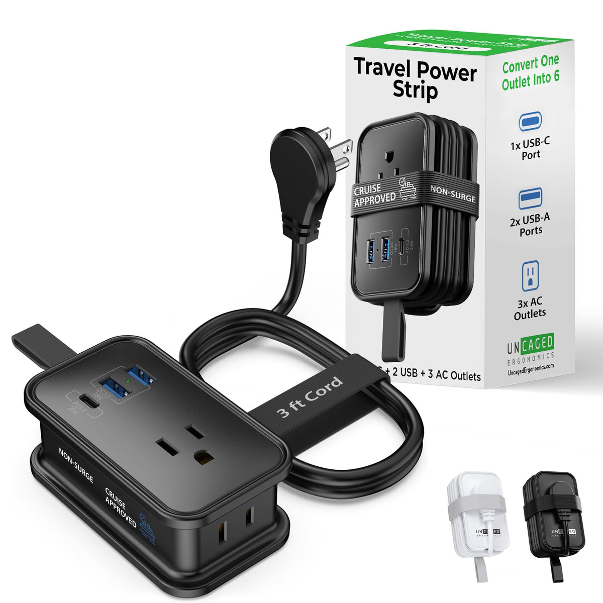 Uncaged Ergonomics Travel Charger with flat plug for compact, portable power on the go.