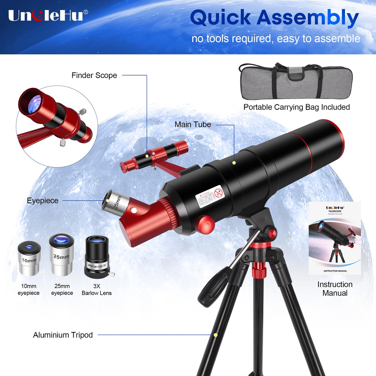 UncleHu aluminum tripod adjusts from 22 to 47 inches for flexibility.
