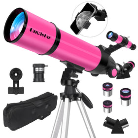UncleHu telescope in pink with 80mm aperture for bright Moon and landscape views.