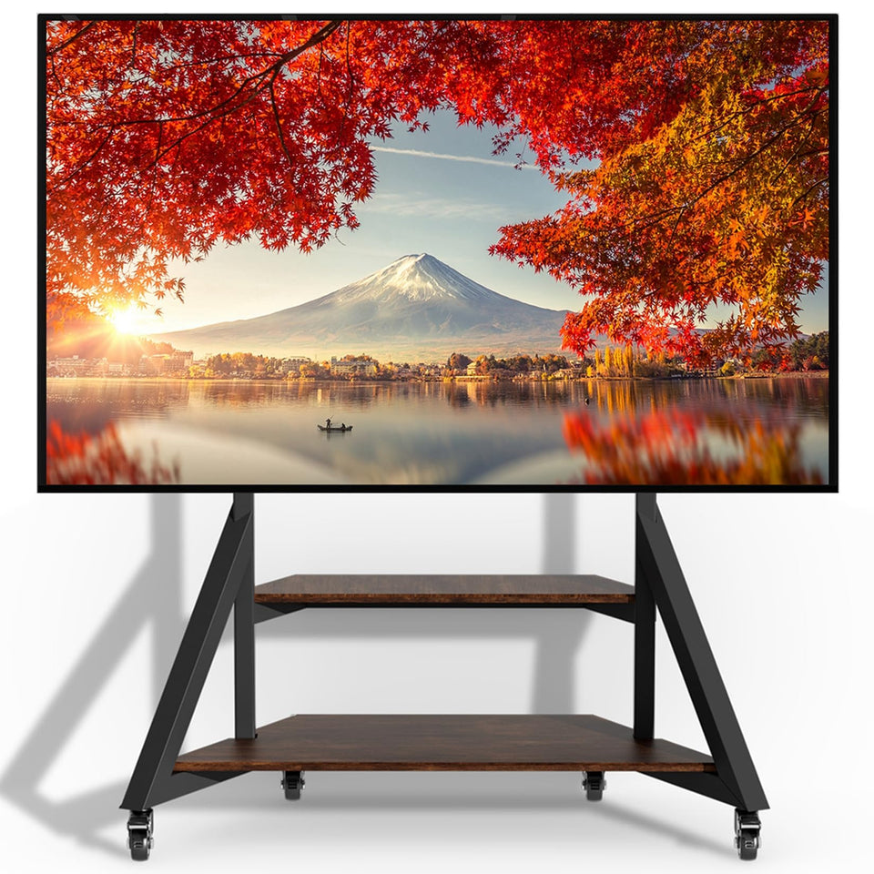 Unho mobile TV floor stand with wood and metal for sturdy 65–100 inch displays