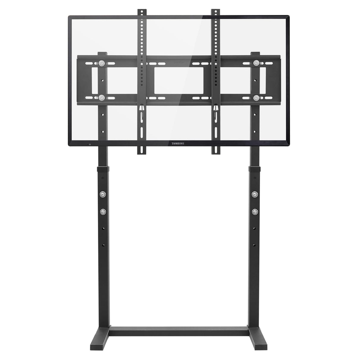 unho front view of freestanding TV stand showing clean profile and space-saving benefit