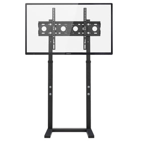 Unho universal floor TV stand back view emphasizes wall-friendly setup and steady support.