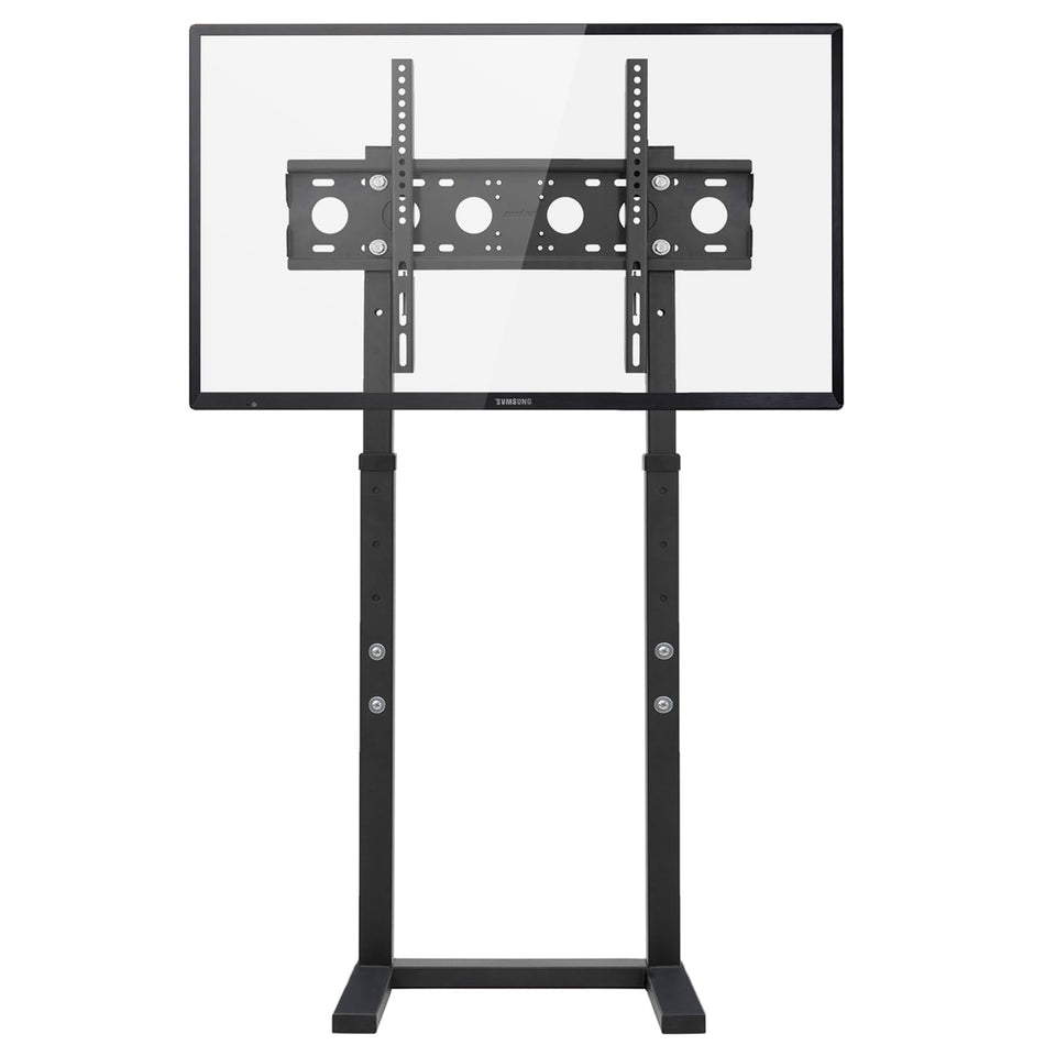 Unho universal floor TV stand back view emphasizes wall-friendly setup and steady support.