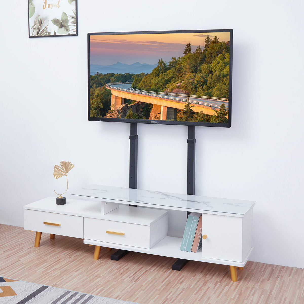 Unho universal floor TV stand height-adjustment demonstrates customizable viewing height.