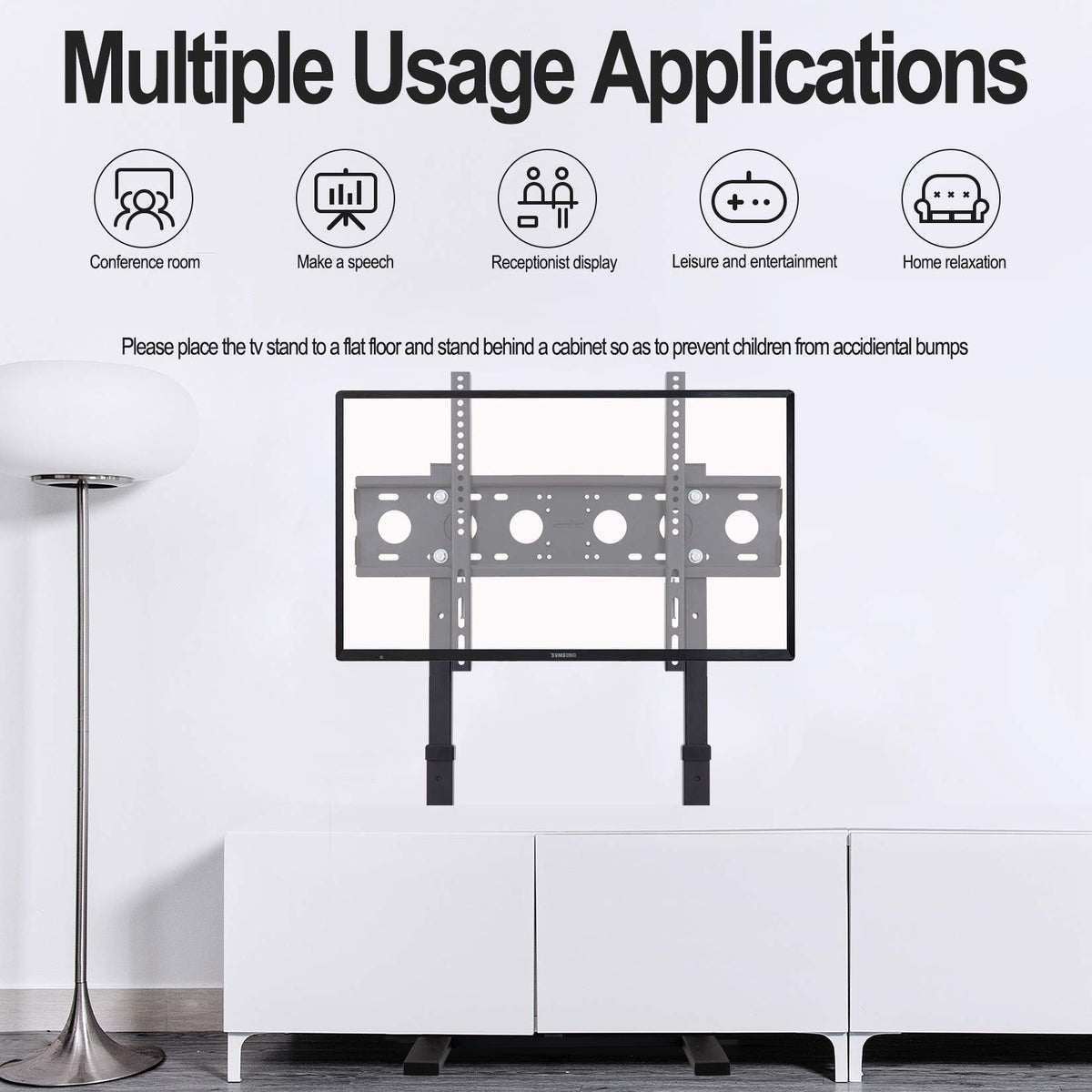 Unho universal floor TV stand designed to sit flush against the wall.