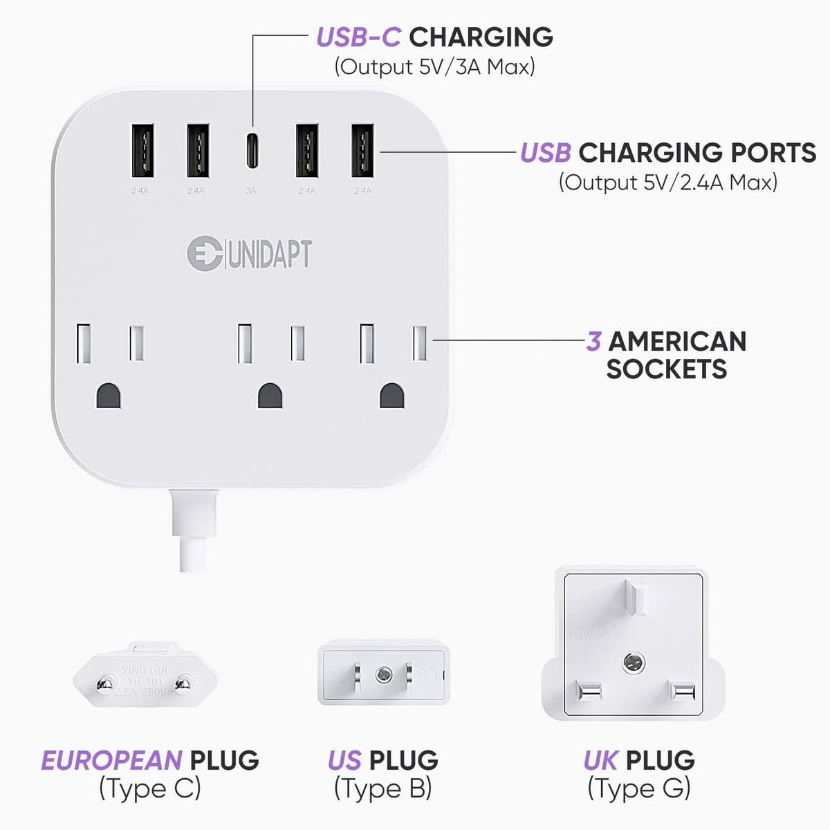 Unidapt 3 AC outlets and 5 ft extension for flexible travel setup
