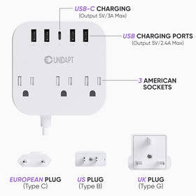 Unidapt 3 AC outlets and 5 ft extension for flexible travel setup