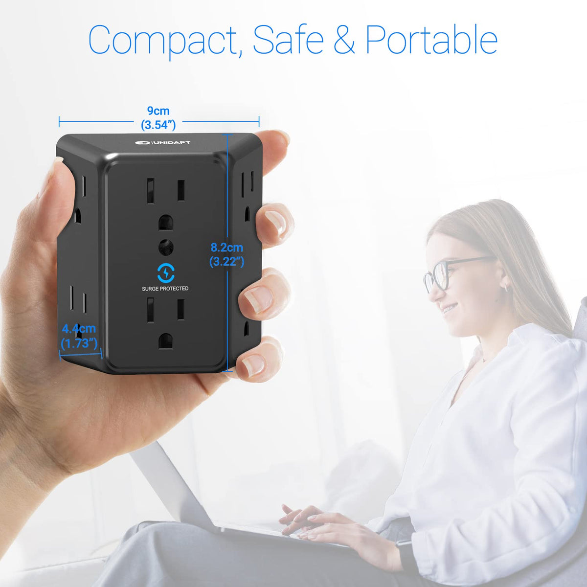 Unidapt close-up of surge protection label showing 900J safety feature
