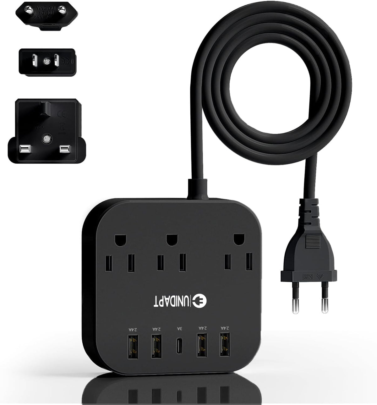 Unidapt European Plug Adapter front view; ideal for travelers powering multiple devices.
