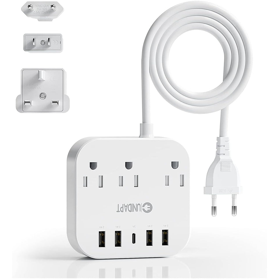 Unidapt European plug adapter front view, compact travel solution for power needs