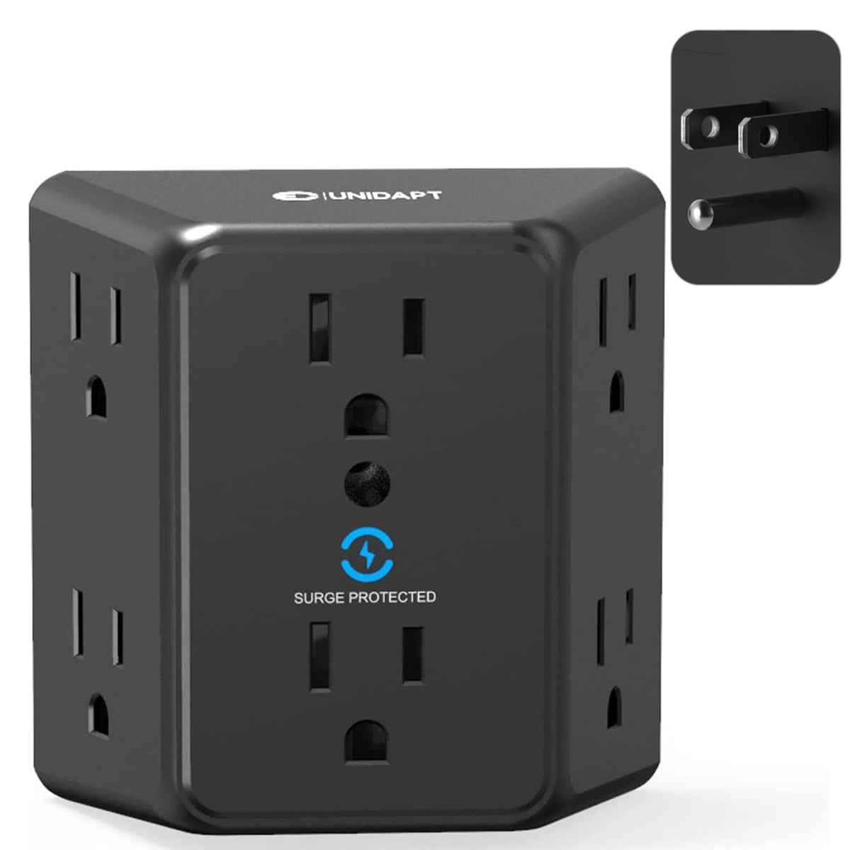 Unidapt front view showing six outlets and compact design for more sockets