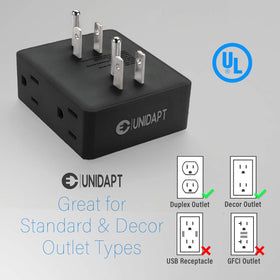 Unidapt in use on nightstand charging phones showing organized power