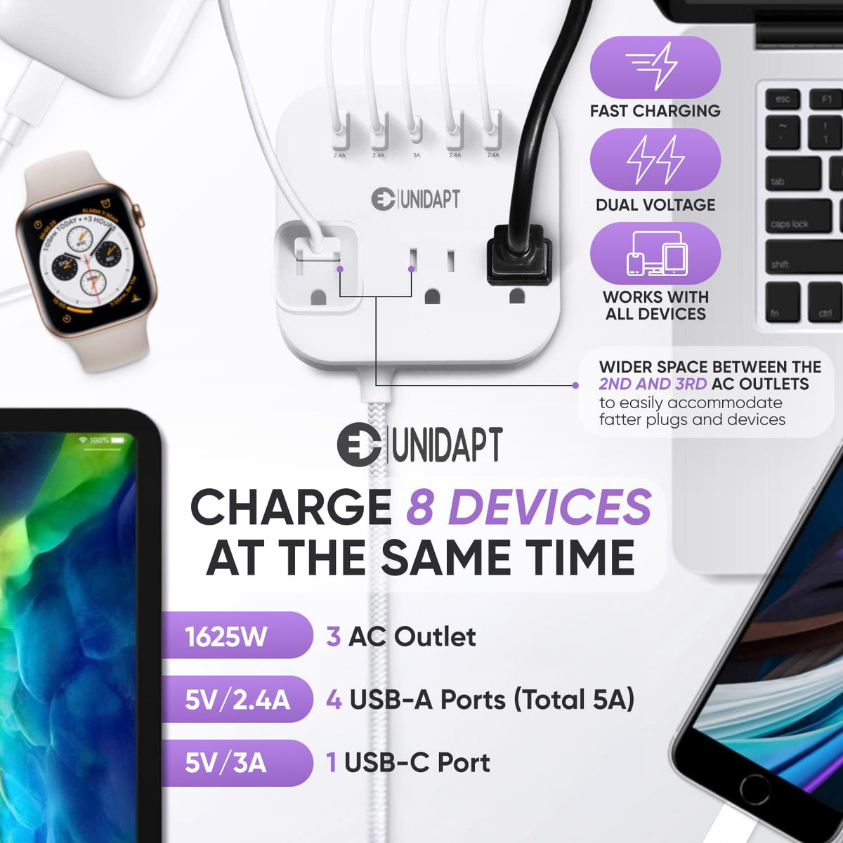 Unidapt power strip with USB ports keeping devices charged on the go