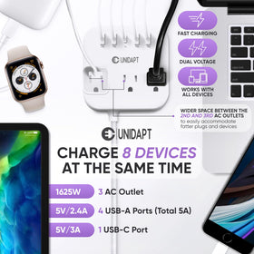 Unidapt power strip with USB ports keeping devices charged on the go