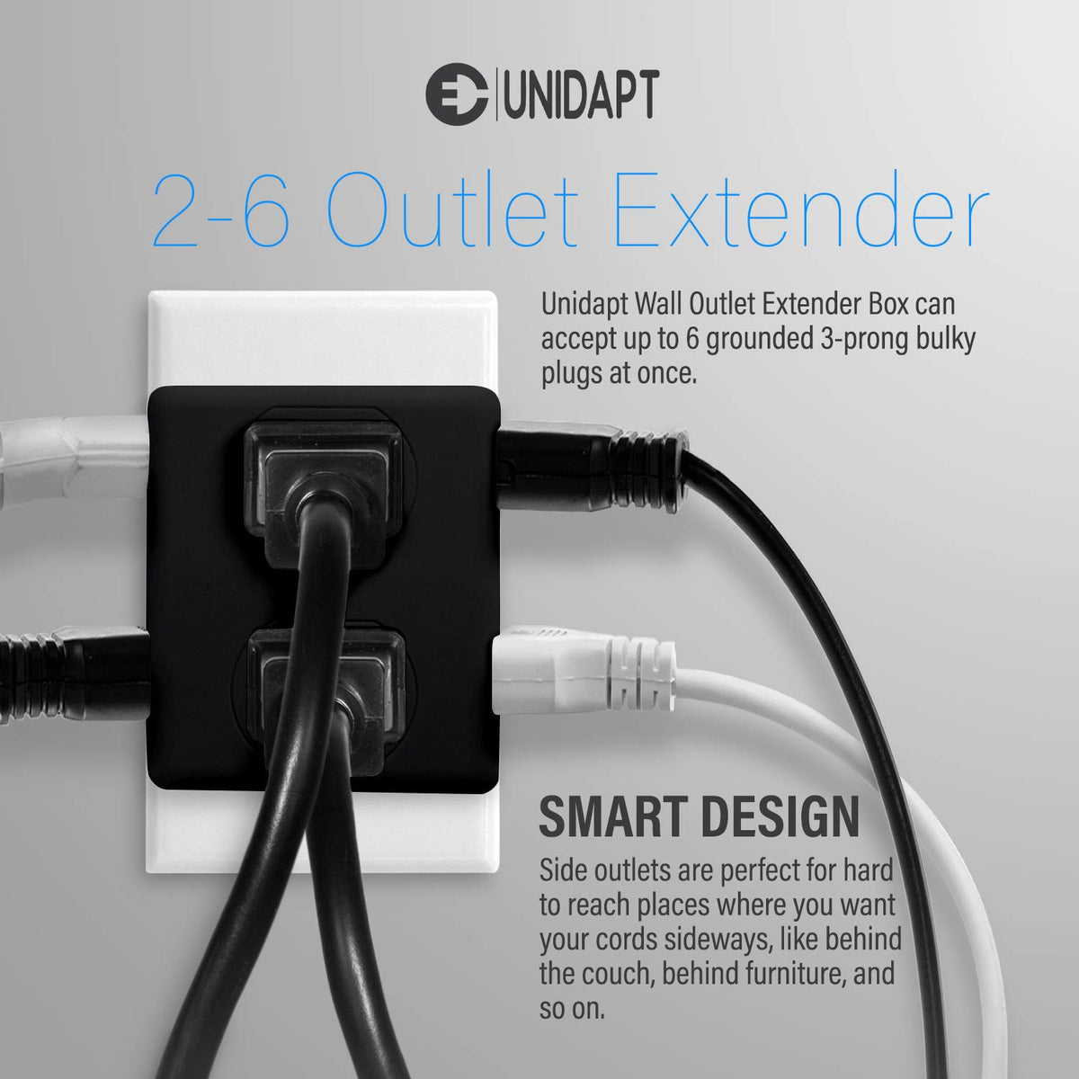 Unidapt side angle displaying horizontal sockets for space-saving benefit